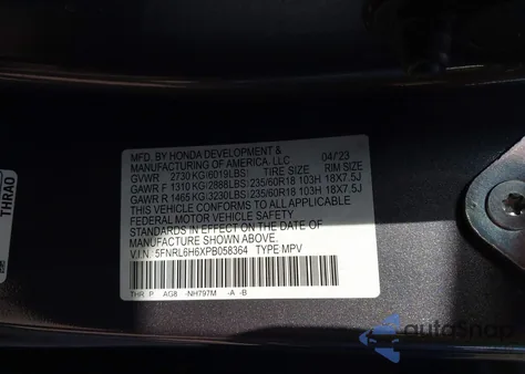 2023 Honda Odyssey Ex-L z USA, uszkodzony, nr VIN 5FNRL6H6XPB058364
